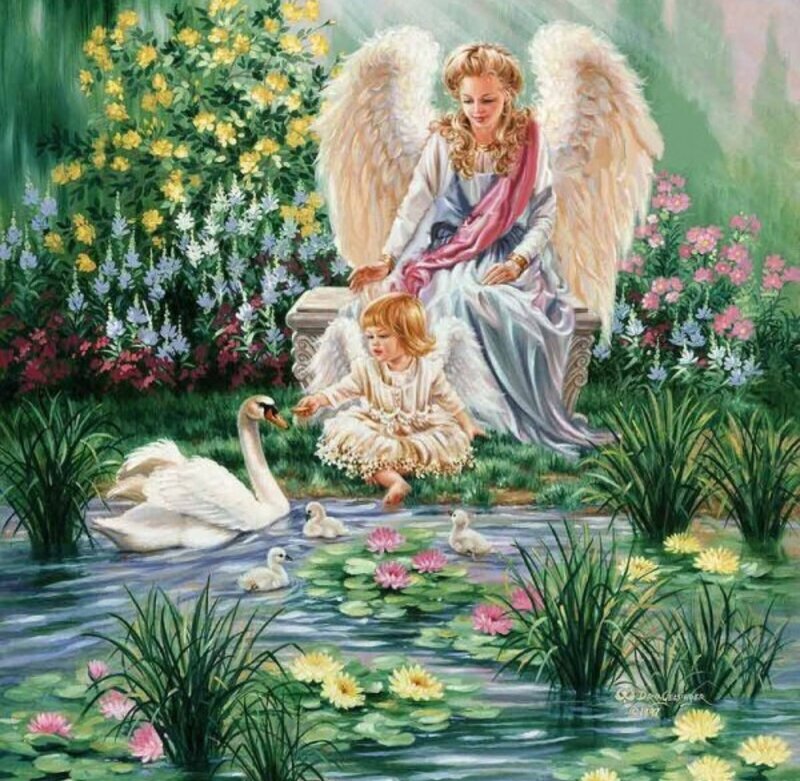 Angel with Child and Swans — Green