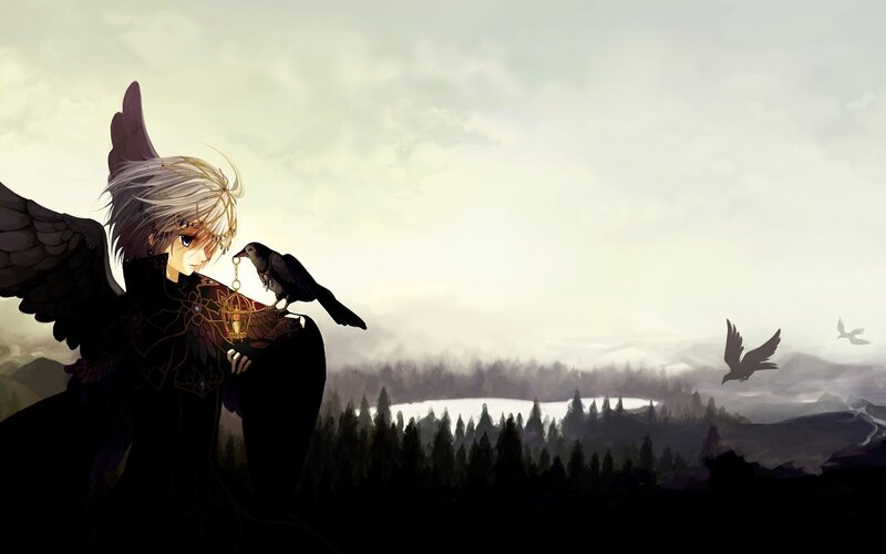 angel with crow on shoulder