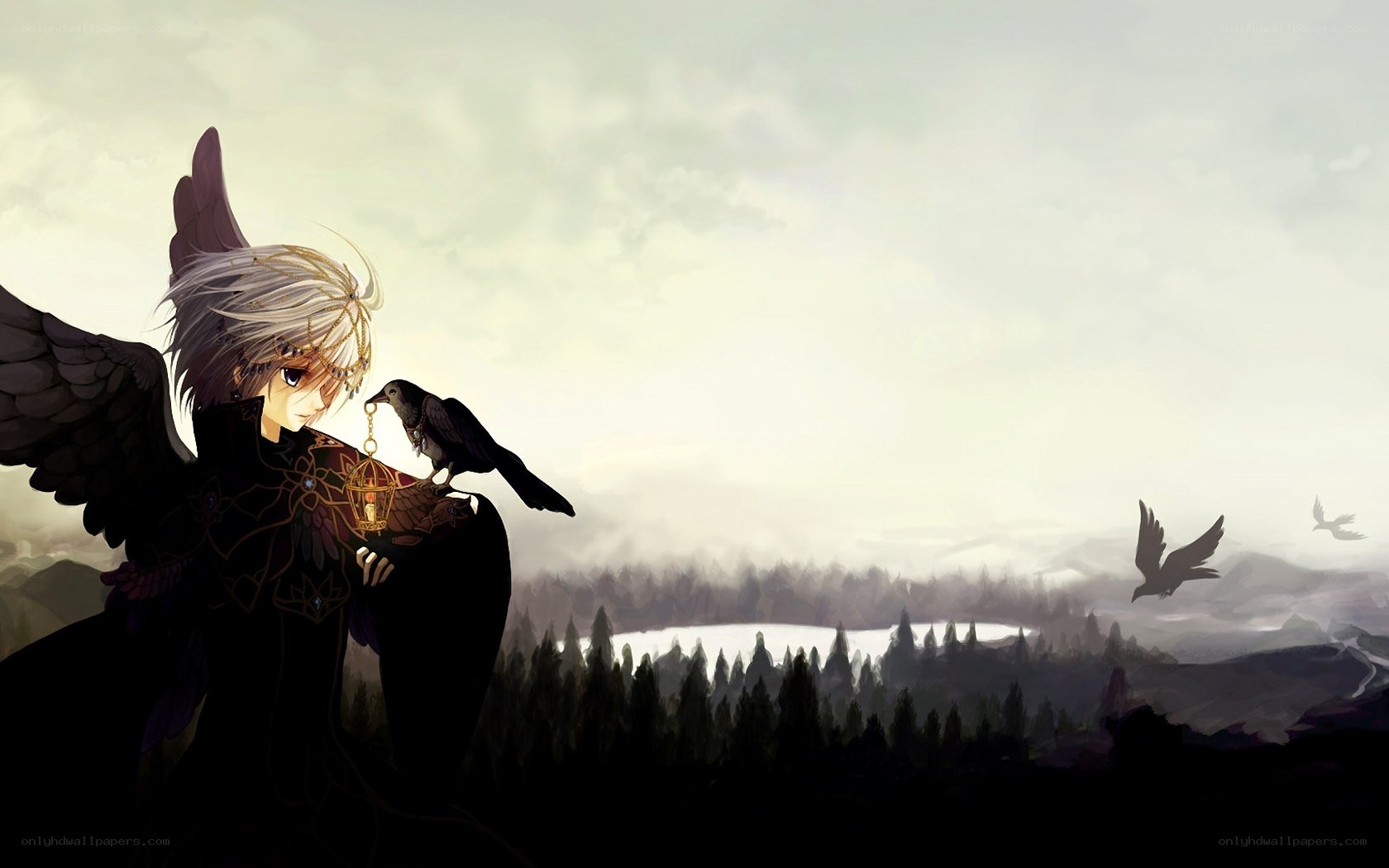 angel with crow on shoulder