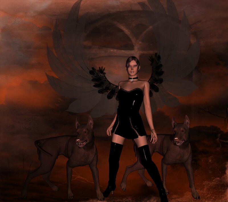 angel with dark wings and dogs