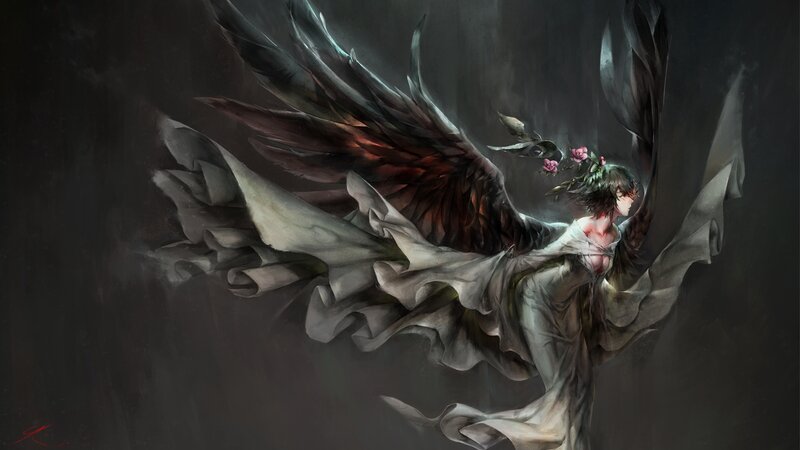 Angel with Dark Wings — Black, Dramatic, Digital Art