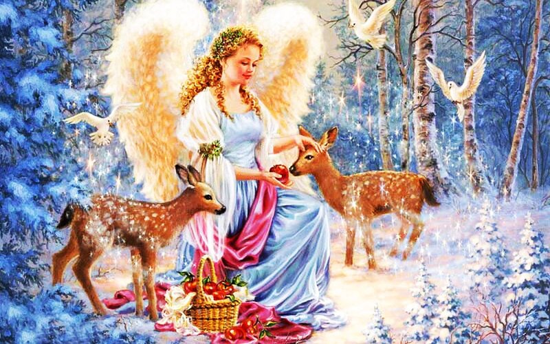 Angel with Deer in Forest — Blue, Serene