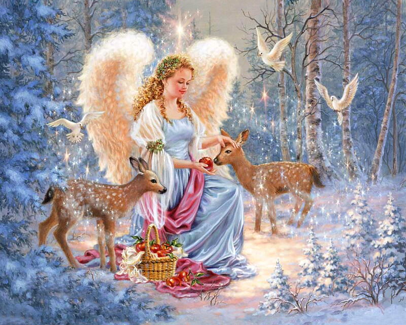 Angel with Deer in Forest — Blue