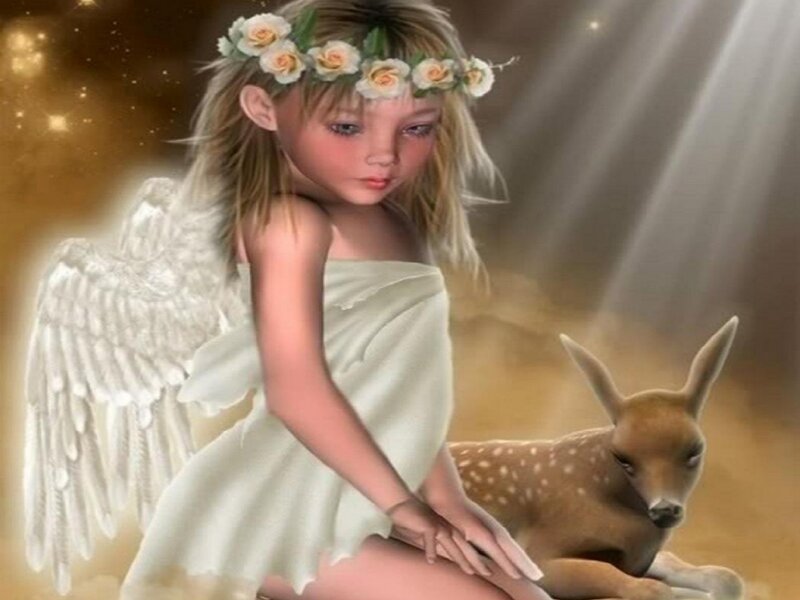 Angel with Deer — White, Serene, Digital Art, Flower Crown