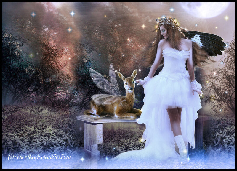 Angel with Deer — White, Serene, Night