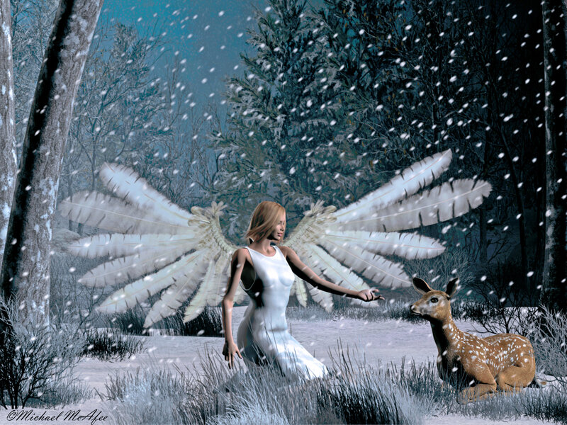 Angel with Deer — White, Serene