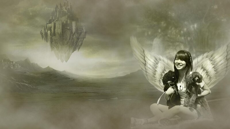 Angel with dogs in fantasy landscape