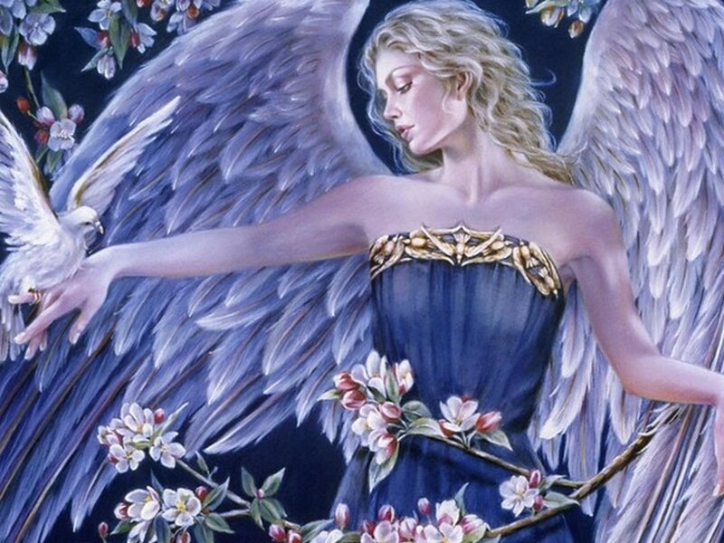Angel with Dove — Blue, Serene, Night, Digital Art