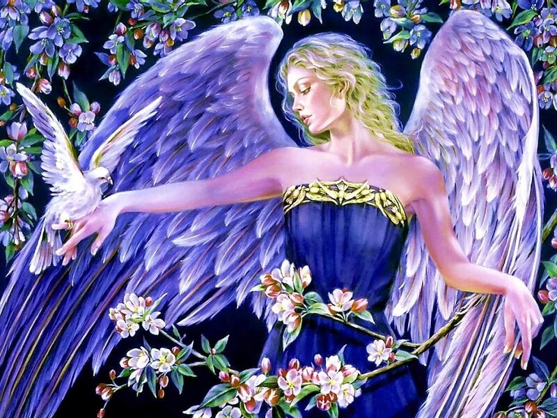 Angel with Dove — Blue, Serene, Spring, Digital Art