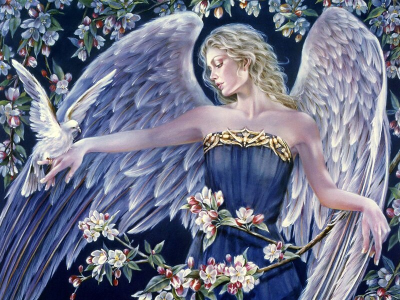 Angel with Dove — Blue, Serene, Spring, Painting