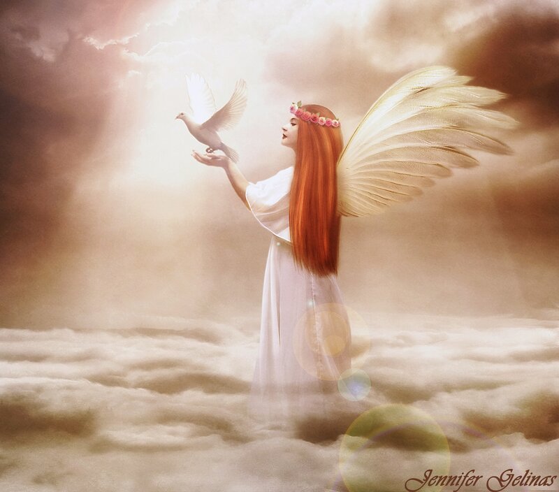 Angel with Dove — White, Serene, Digital Art