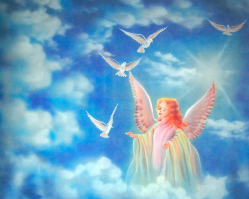 Angel with Doves — Blue, Serene, Painting