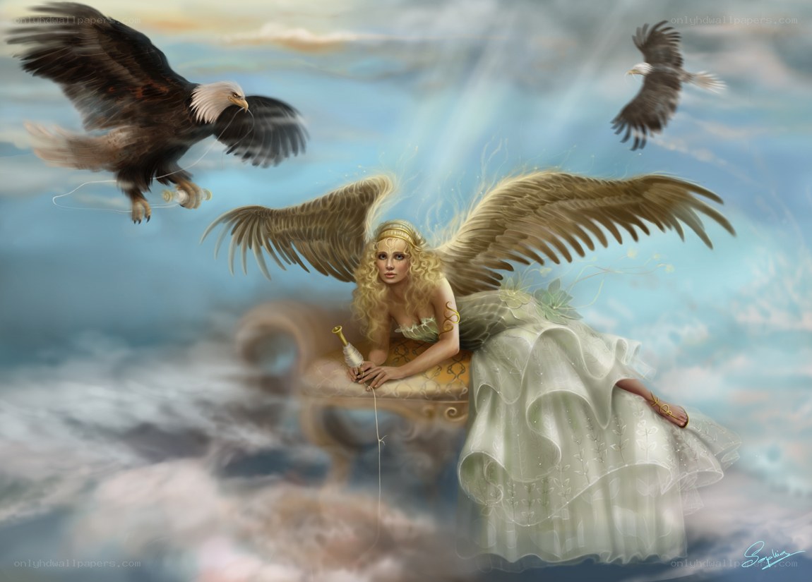 Angel with eagles in sky