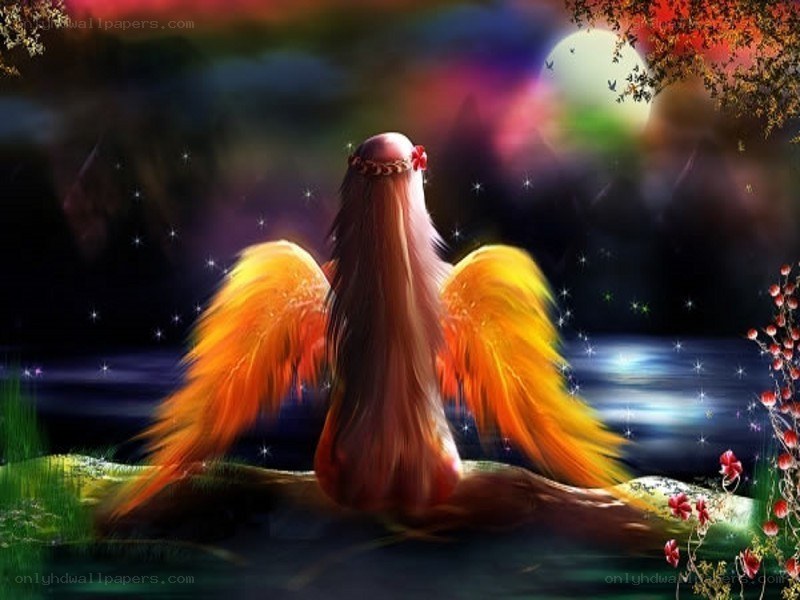 Angel with fiery wings at night