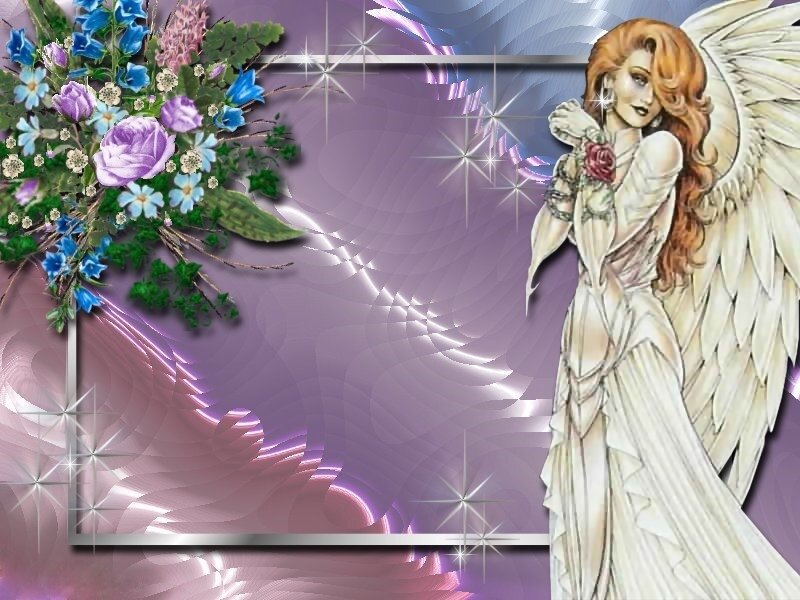 Angel with Flowers — Purple, Serene, Digital Art
