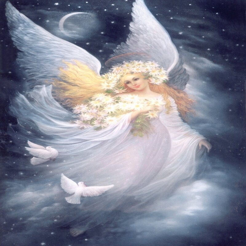 Angel with Flowers — White, Serene, Night