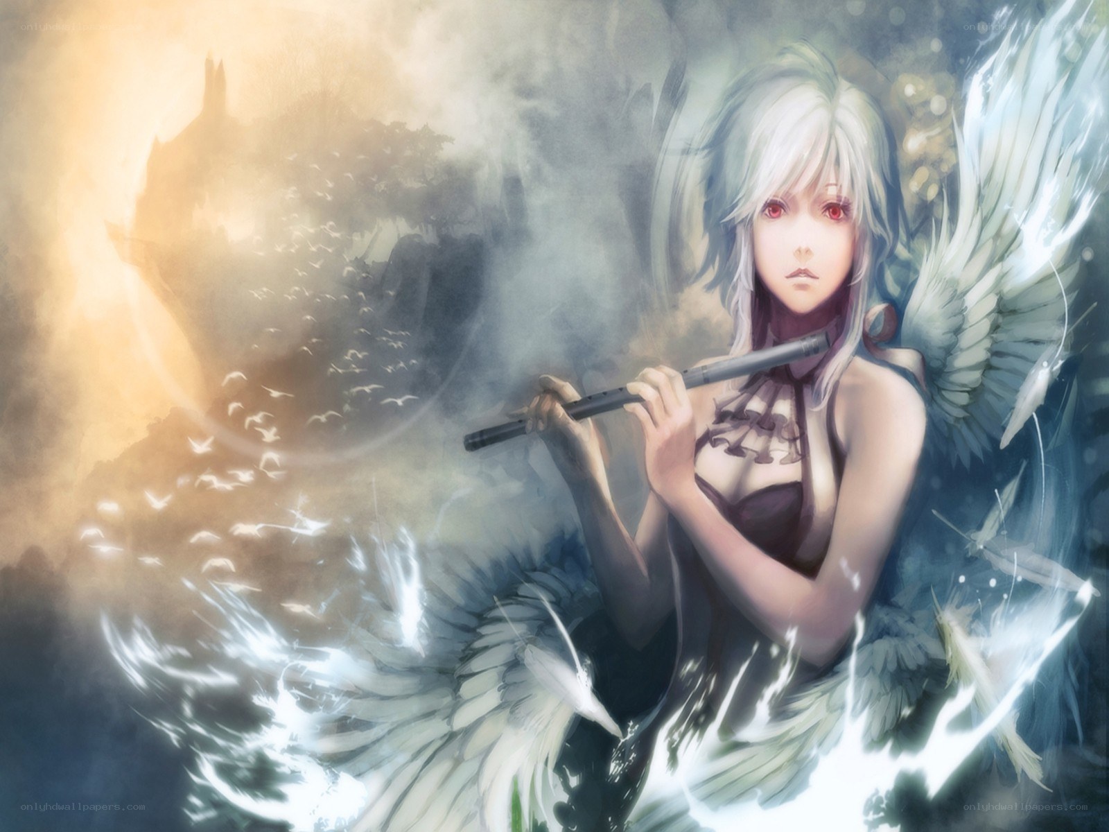 Angel with flute in mist