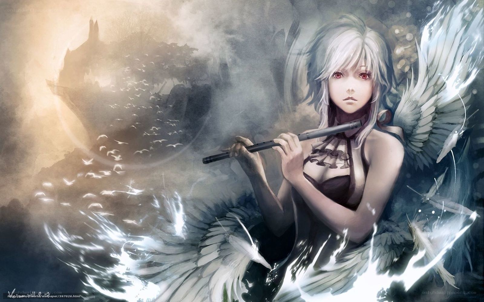Angel with flute in mist
