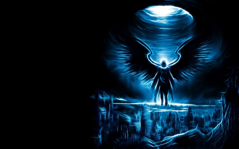 Angel with Glowing Wings — Blue, Dramatic, Digital Art