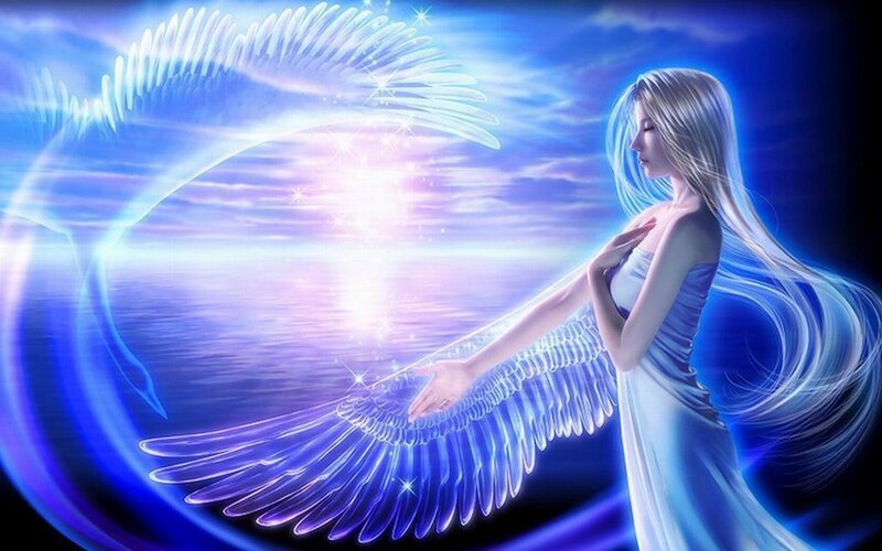 Angel with Glowing Wings — Blue, Serene, Sunset