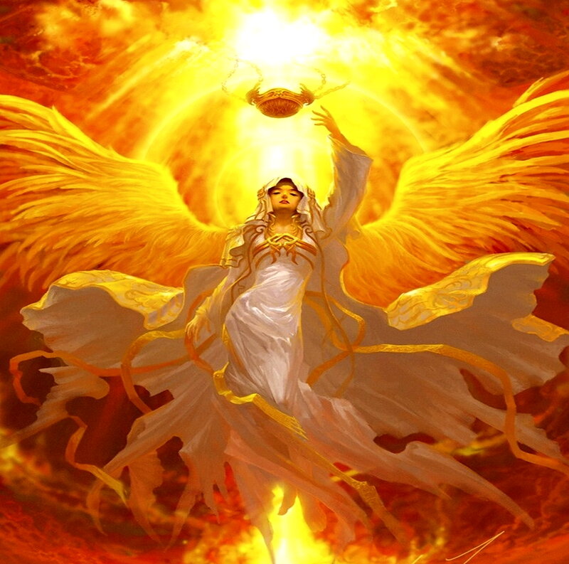 Angel with Golden Wings — Yellow, Dramatic, Digital Art