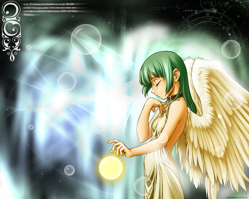 Angel with green hair and wings