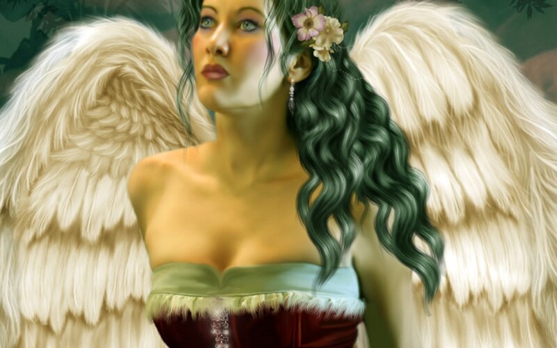Angel with green hair and wings