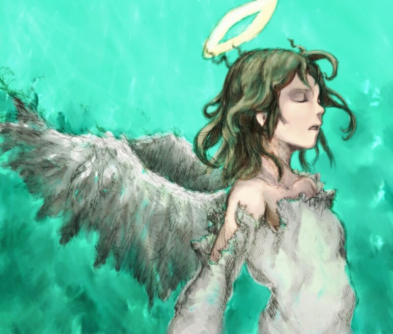 angel with green hair and wings