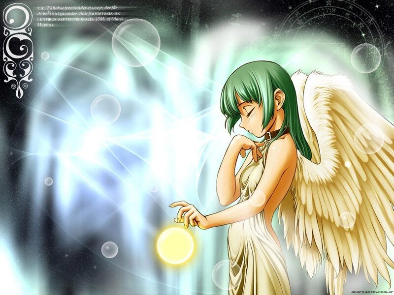 Angel with green hair and wings