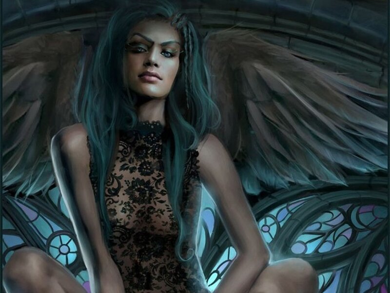 angel with green hair and wings