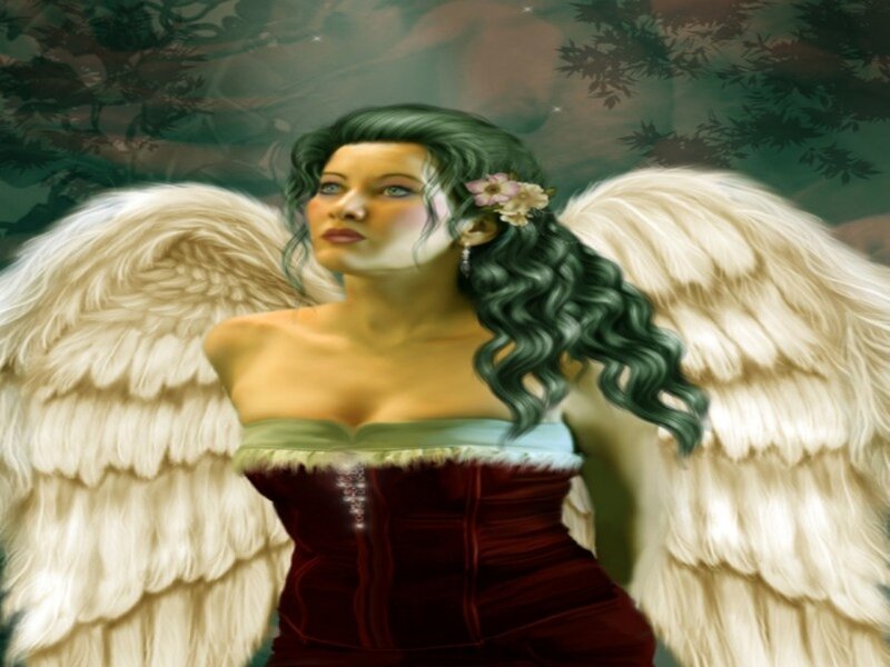 Angel with green hair and wings