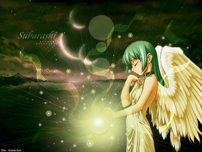 Angel with green hair and wings
