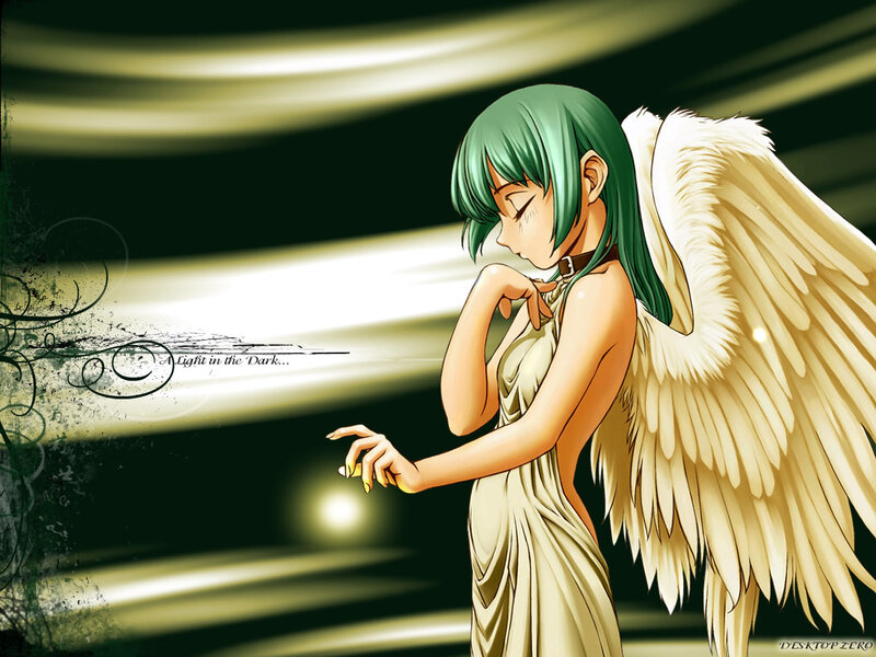 angel with green hair in dark