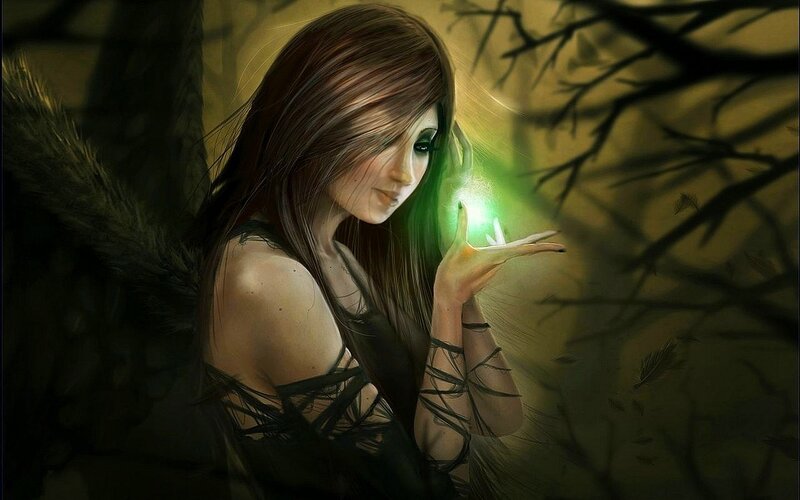 angel with green light in forest