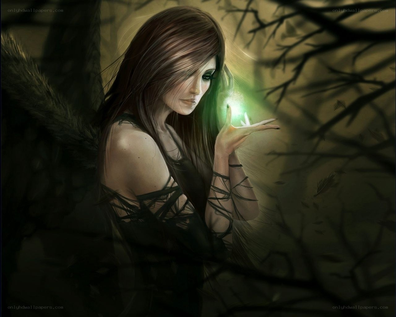 angel with green light in forest
