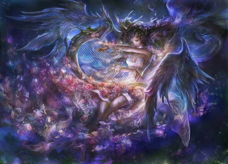Angel with harp and flowers