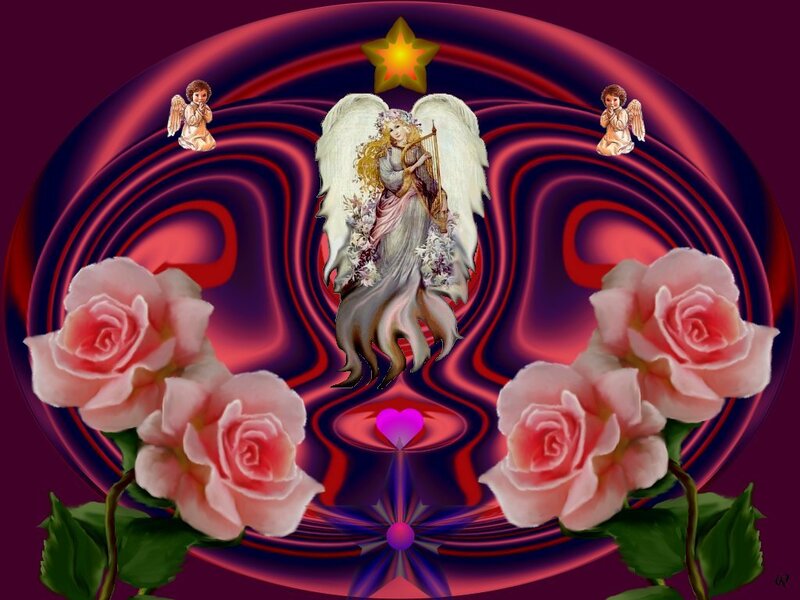 Angel with Harp and Roses