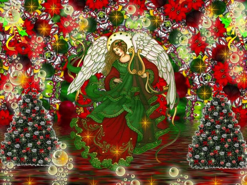 Angel with Harp — Green, Festive