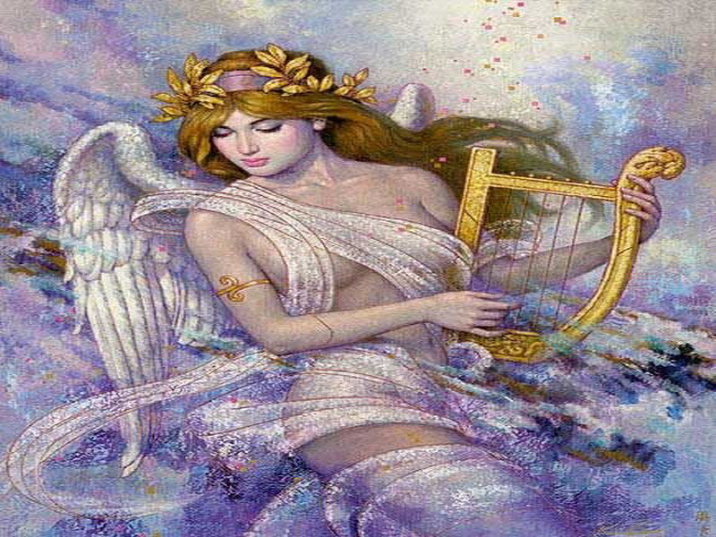 Angel with harp in clouds