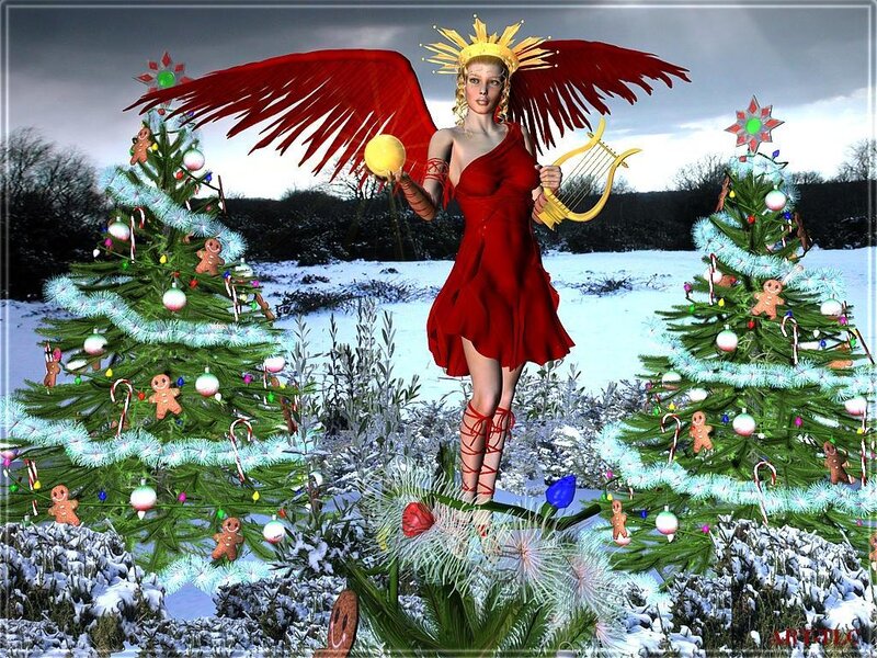 Angel with harp in snowy scene