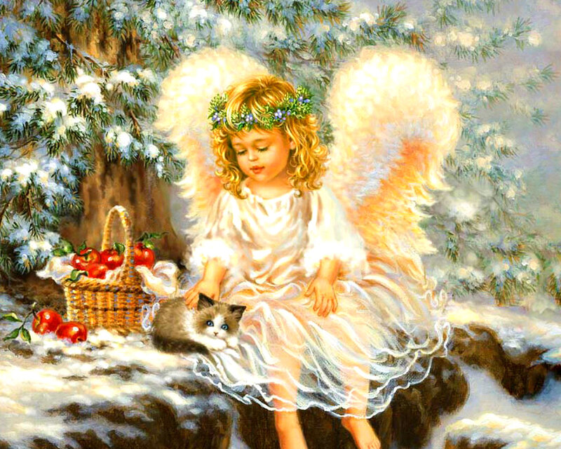 Angel with Kitten — White, Serene