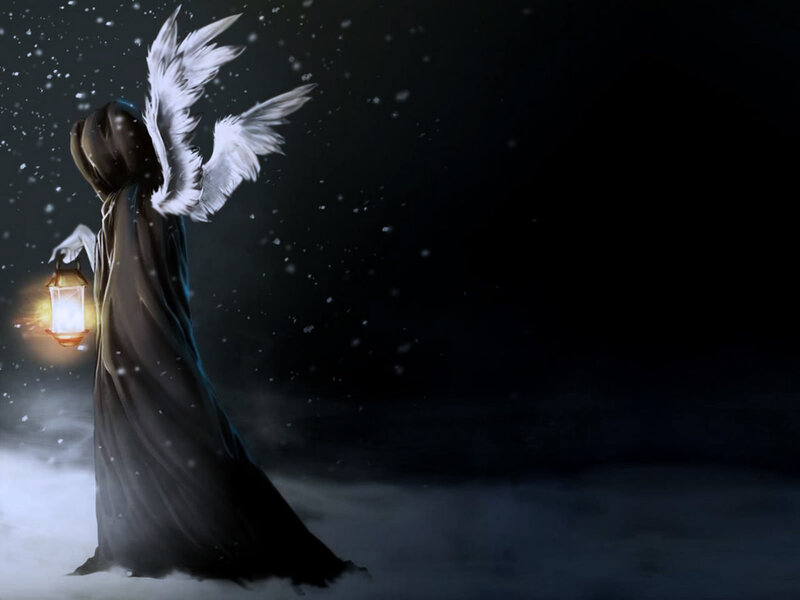 Angel with Lantern — Black, Dramatic, Night