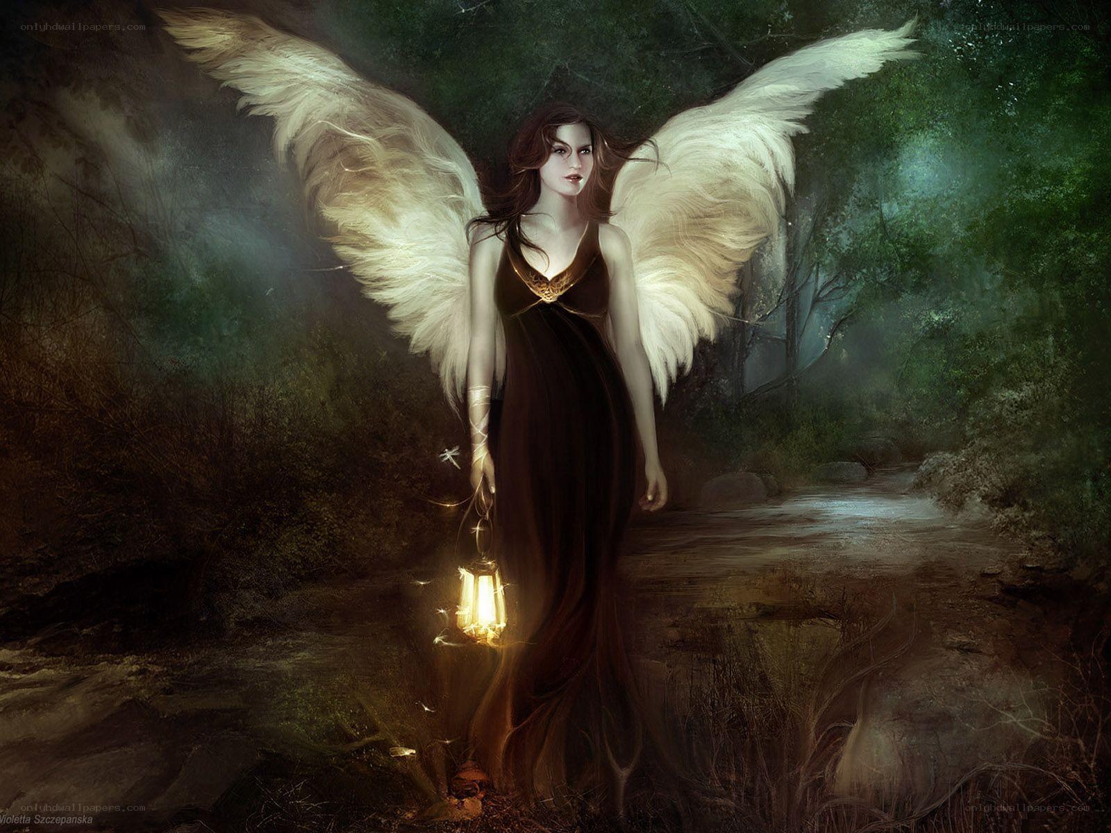Angel with lantern in forest
