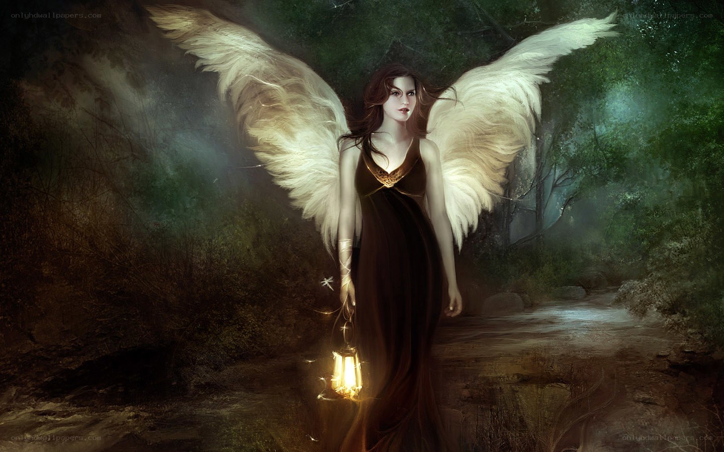 angel with lantern in forest