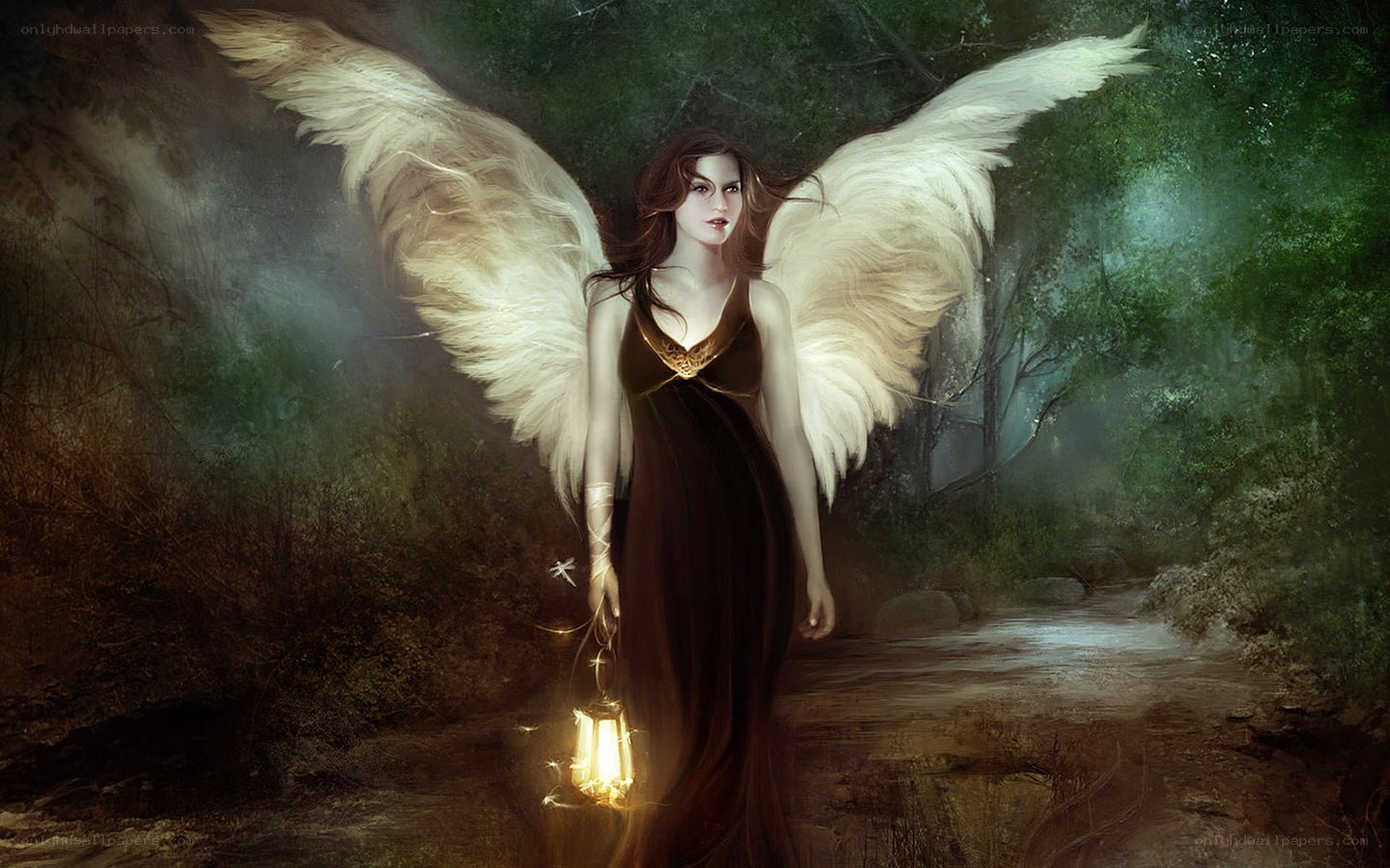 angel with lantern in forest