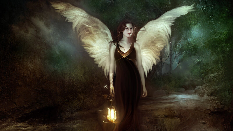 angel with lantern in forest