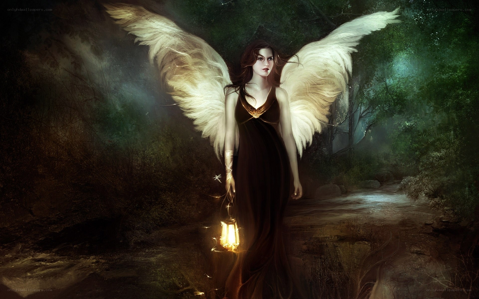 angel with lantern in forest