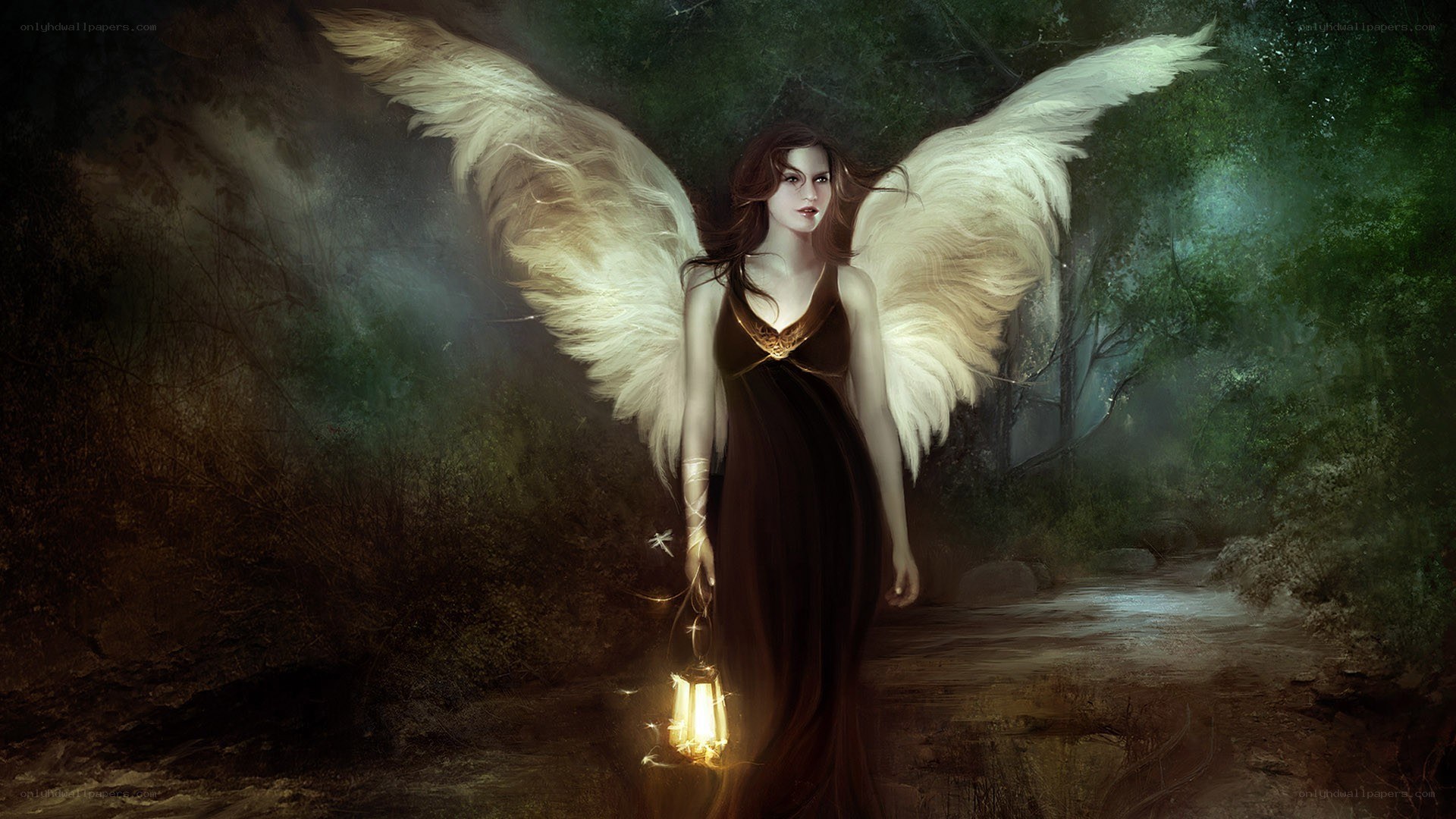 angel with lantern in forest
