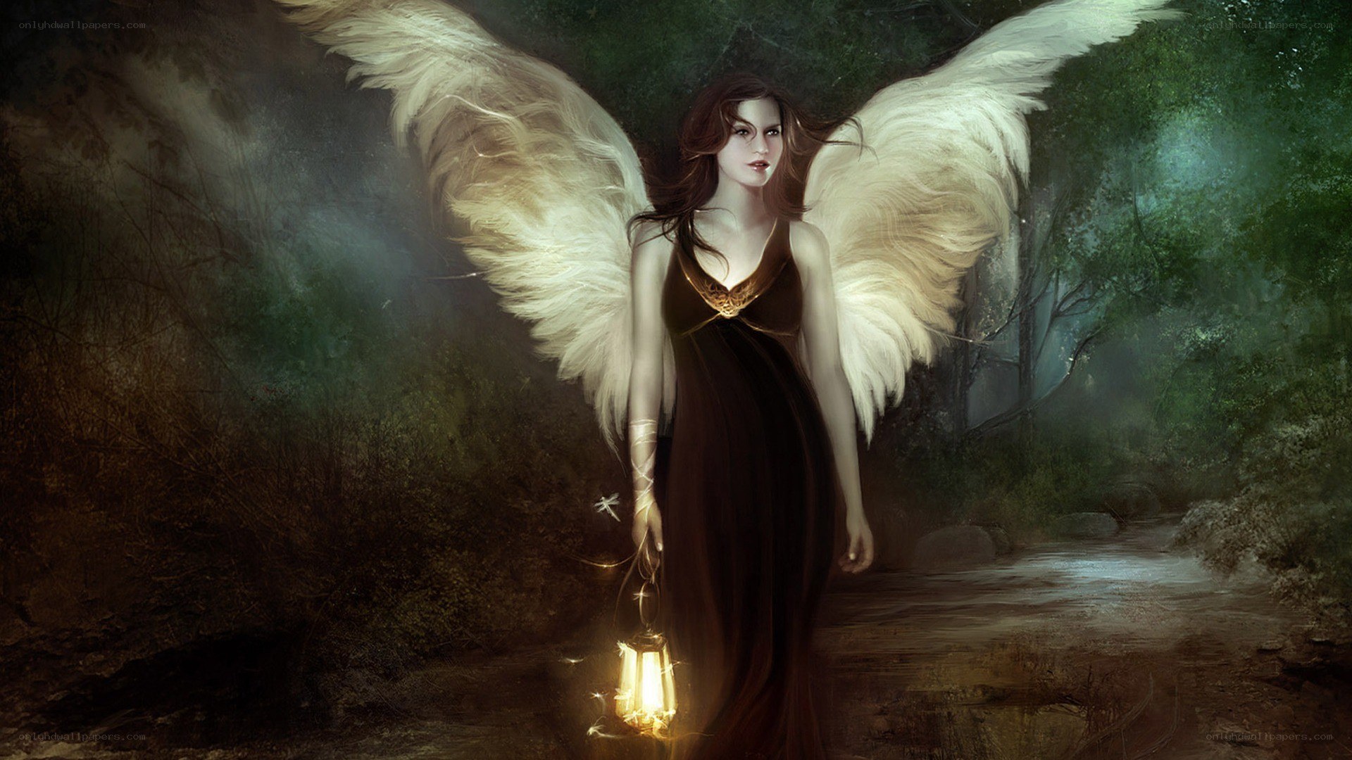 angel with lantern in forest