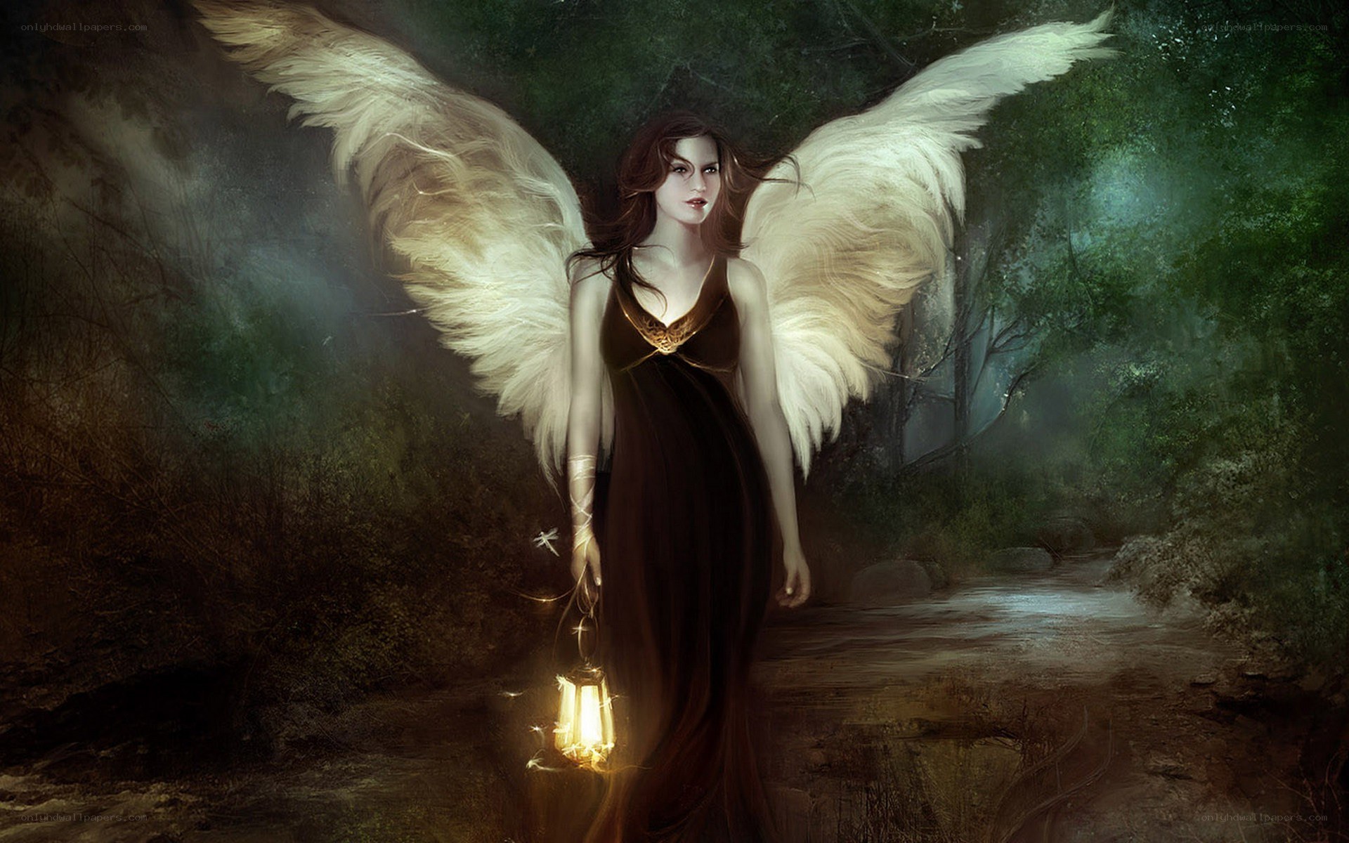 angel with lantern in forest